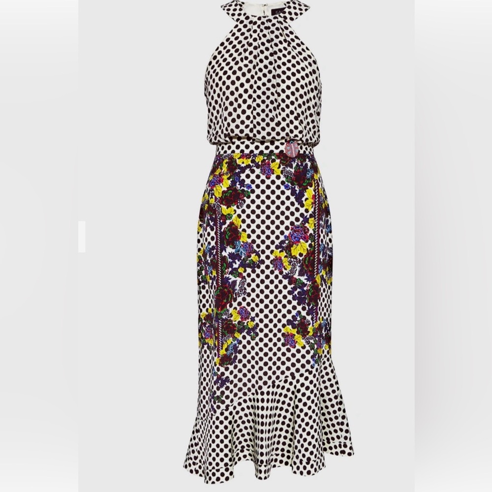 SALONI Black and White Polka Dot Midi Dress with Floral Accents